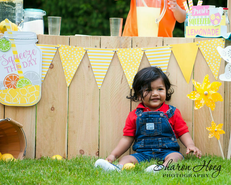 one year old boy sitting at a lemonade stand, Northville Child Photographer